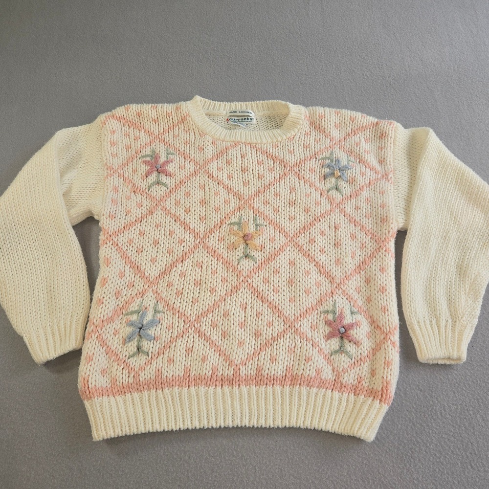 Currants Sweater Women M Cream Pink Diamond Floral Embroidered Hand Loomed Knit